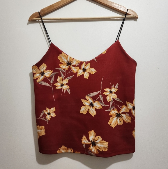 Tops - Floral Spaghetti Strap Top - Red and Yellow